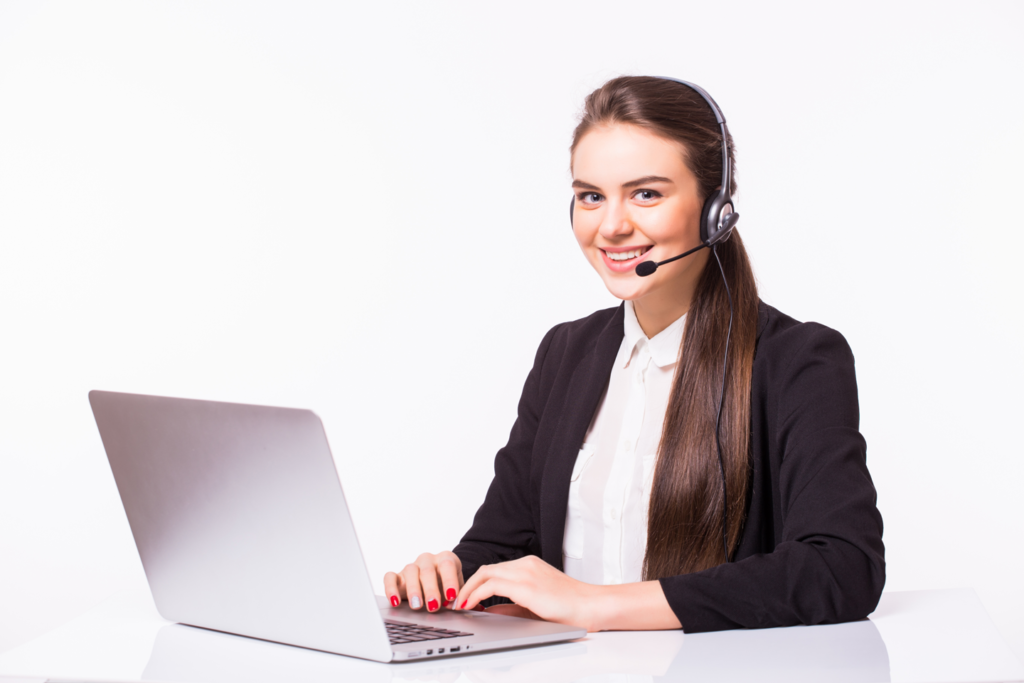 Young woman working office with laptop headphones white wall customer service call center